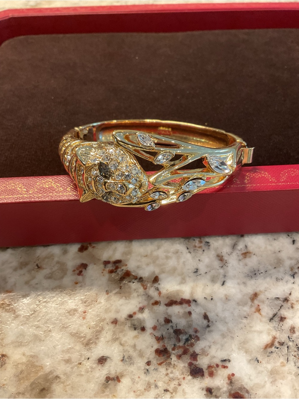 Trifari Gold Crystal Panther Bangle Bracelet